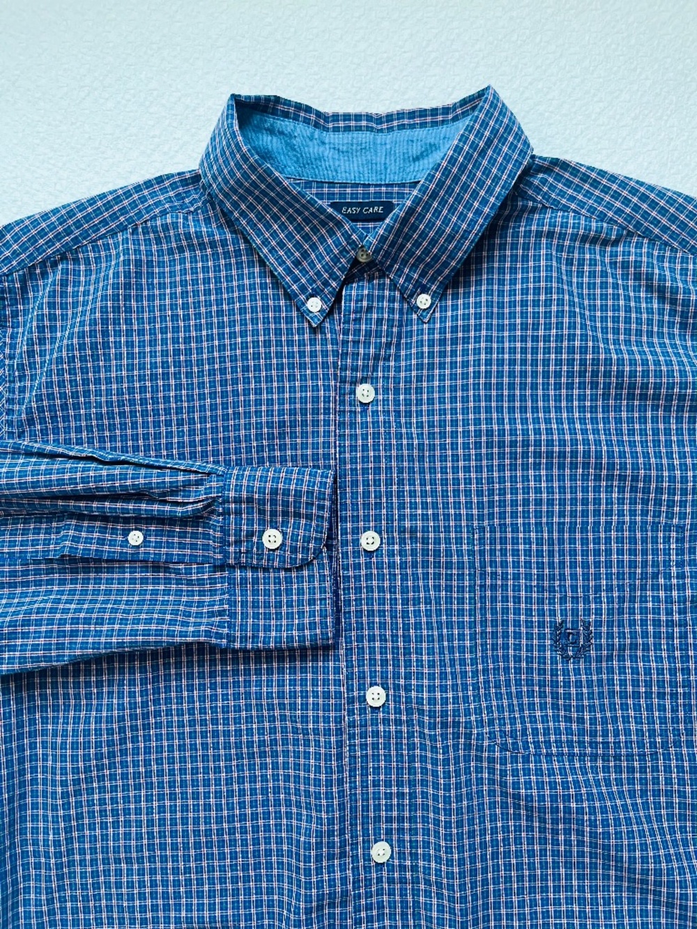 Chaps Easy Care Mens Shirt Sz Large Blue Plaid Long Sleeve Button Down